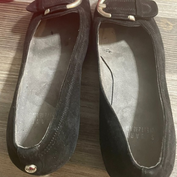 STUART‎ WEITZMAN Womens Sz 7.5M Black Suede Wedge Heel Shoes Silver Buckle - Picture 10 of 15